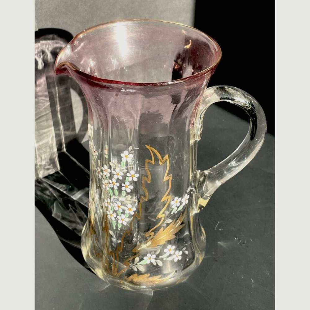 VTG Glass Pitcher Hand Blown & Painted Gold White Daisies Fluted Applied Handle